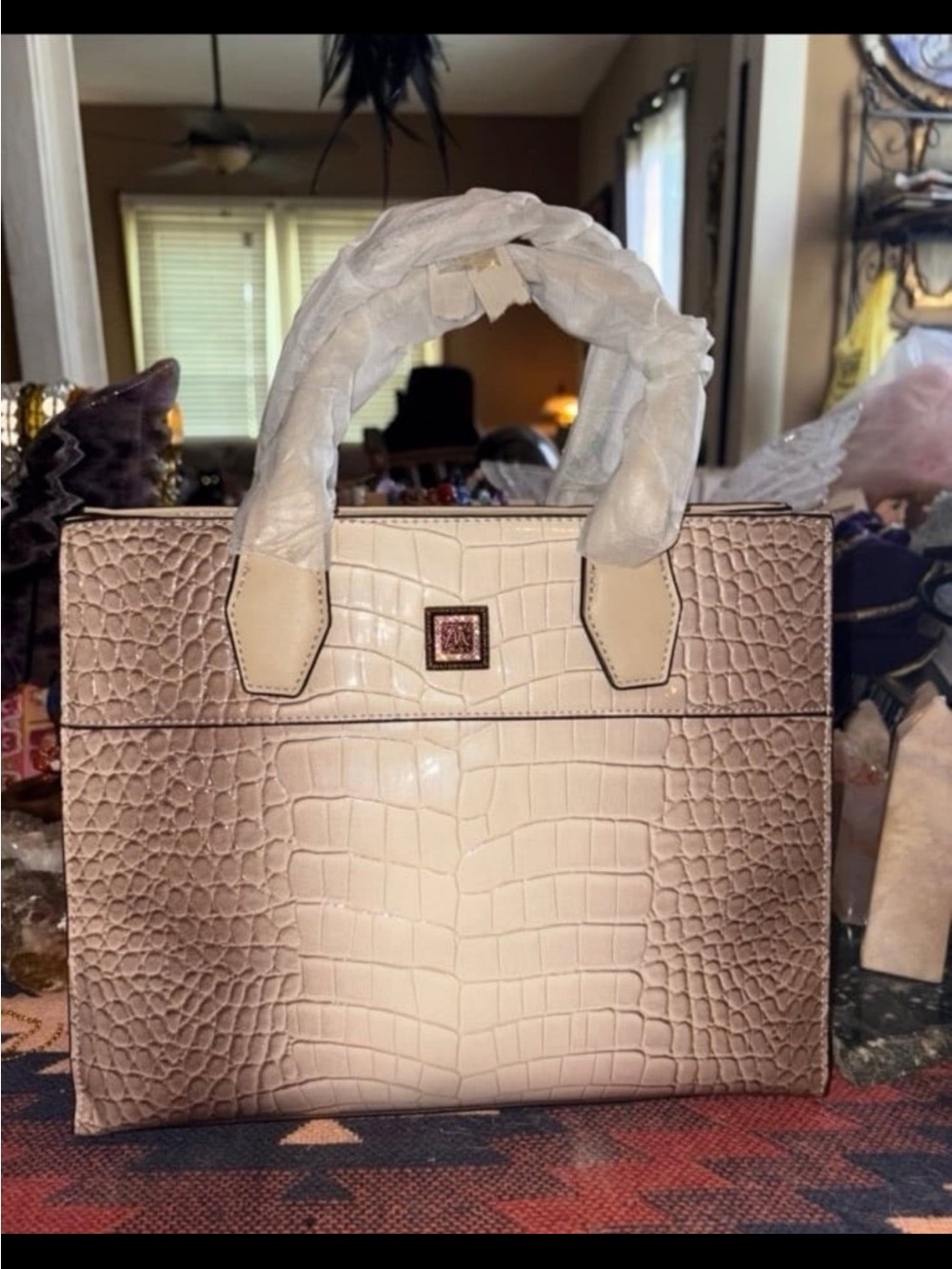 Cream Croc-Embossed Tote Bag